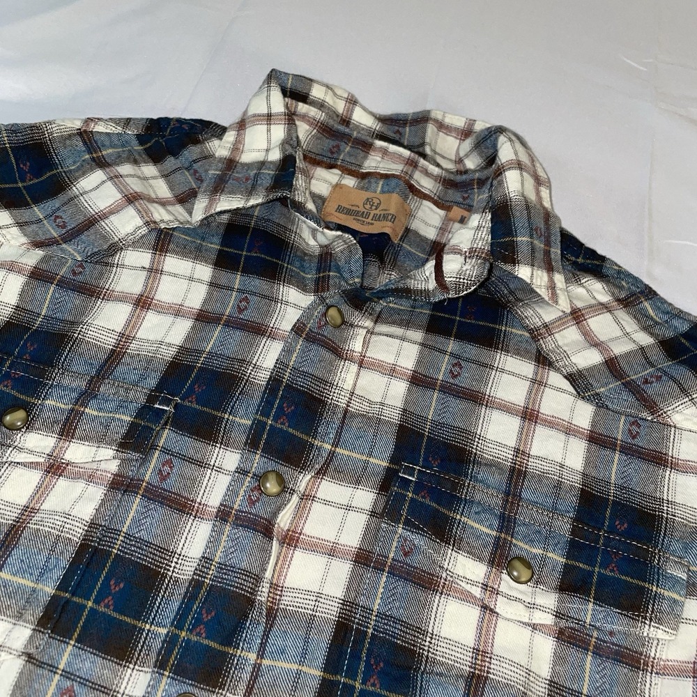 Redhead Ranch Mens Plaid‎ Western Pearl Snap Shirt Blue White Cotton Flannel M